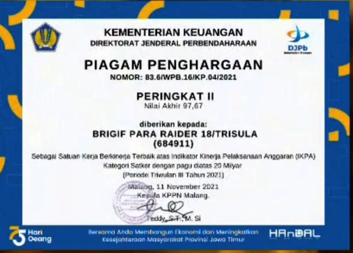 Tentara Langit Divisi 2 Kostrad Sabet Penghargaan PRISMA dari KPPN Malang